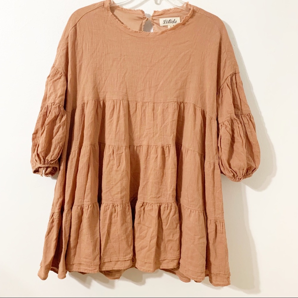 Listicle LT 0880 Multi Tiered Blouse Tunic Key Hole Back Puffed Sleeves Raw Hem